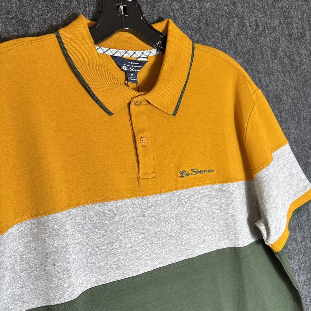 Ben Sherman Mens Colorblock Polo Shirt Mustard Green Grey Sz‎ M Minimalist Retro